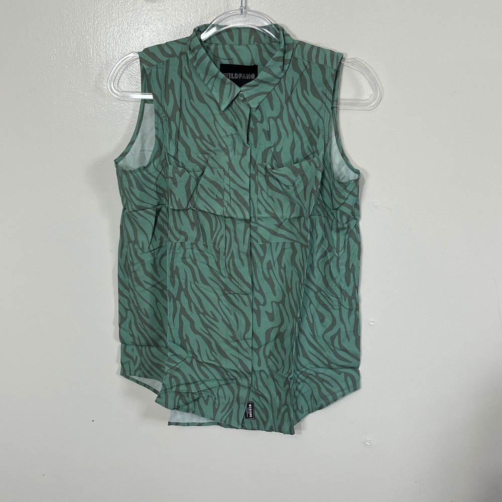 Wildfang Empower Sleeveless Button Up Women XS Green Zebra Print WN8500‎